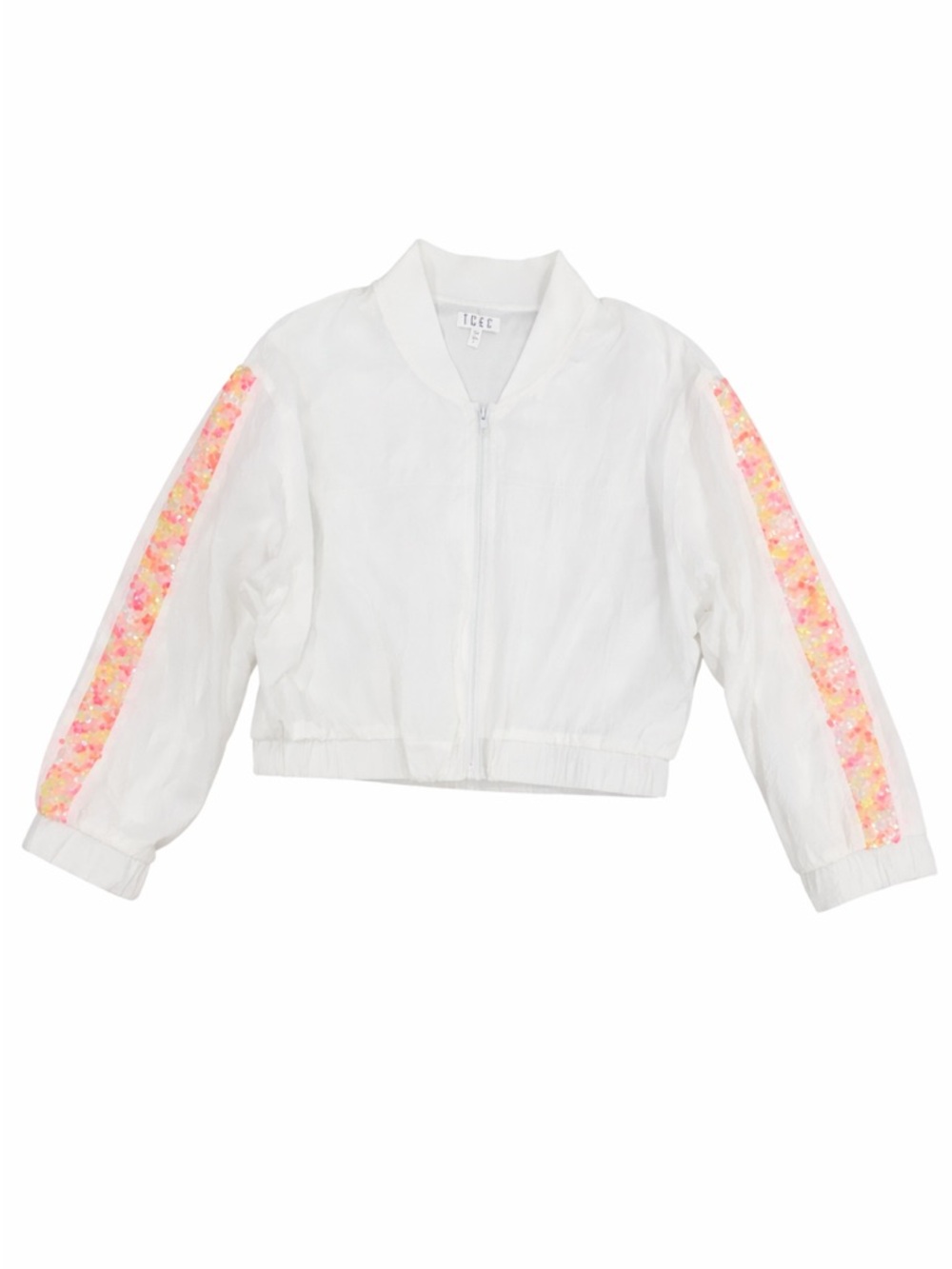 Sequin Sleeve Cropped Bomber Jacket White Iridescent TCEC Size L